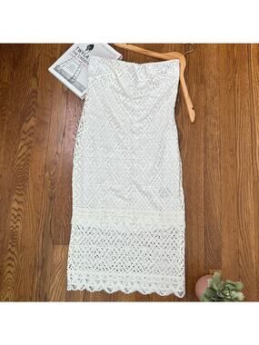 Bebe White Crochet Strapless Fitted Dress